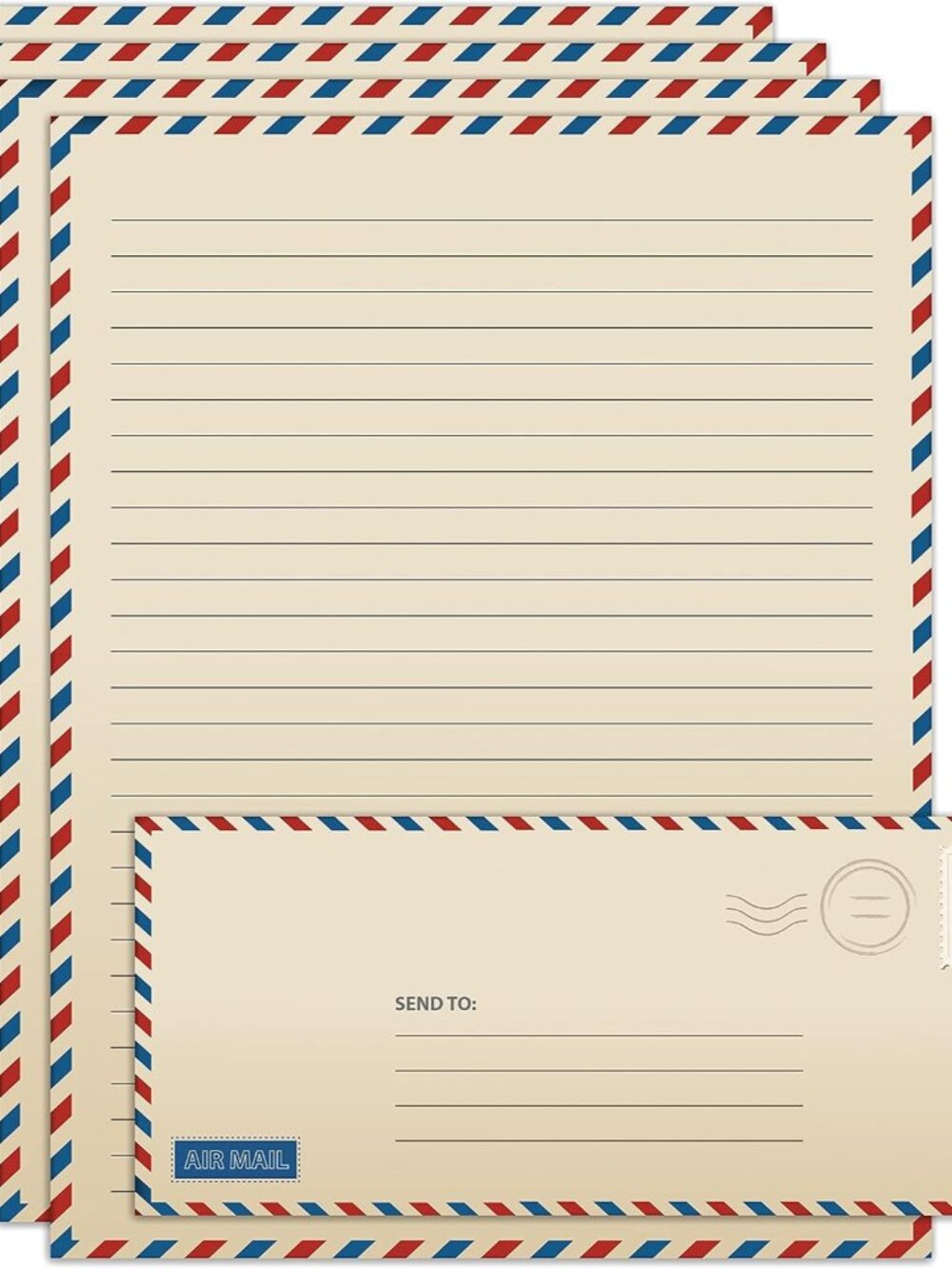 Vintage Airmail Stationery Paper Set, 100-Piece Set 50 Lined Sheets + 50 Matchin